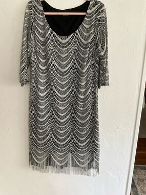 Ignite Evenings Silver Metallic Lace Sheath Dress Size 14